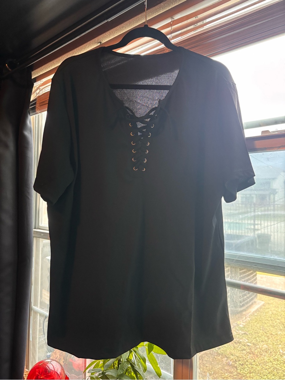 SHEIN Black Lace-Up V-Neck Short Sleeve Top